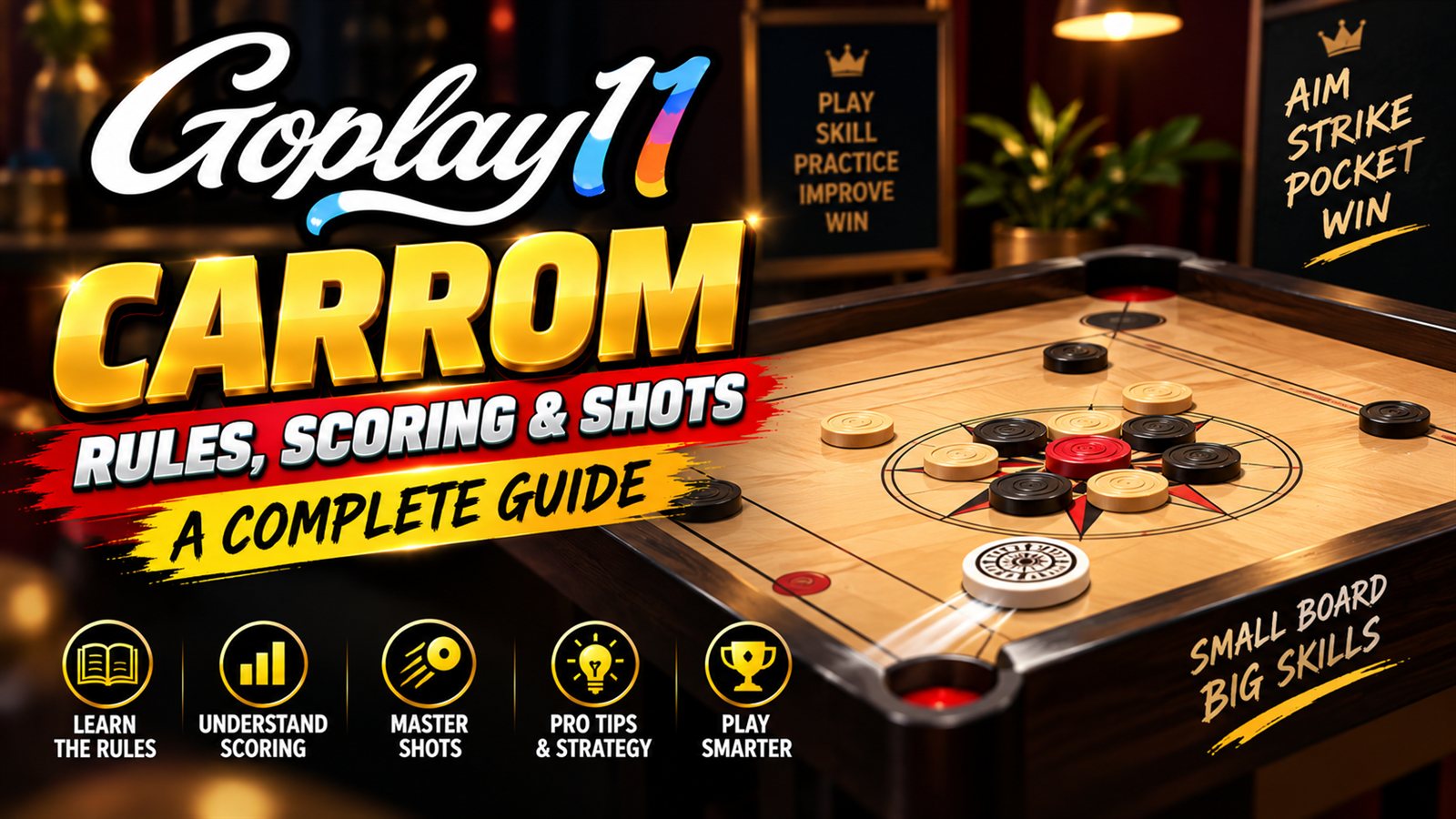 Carrom board with black and white pieces, red queen and striker