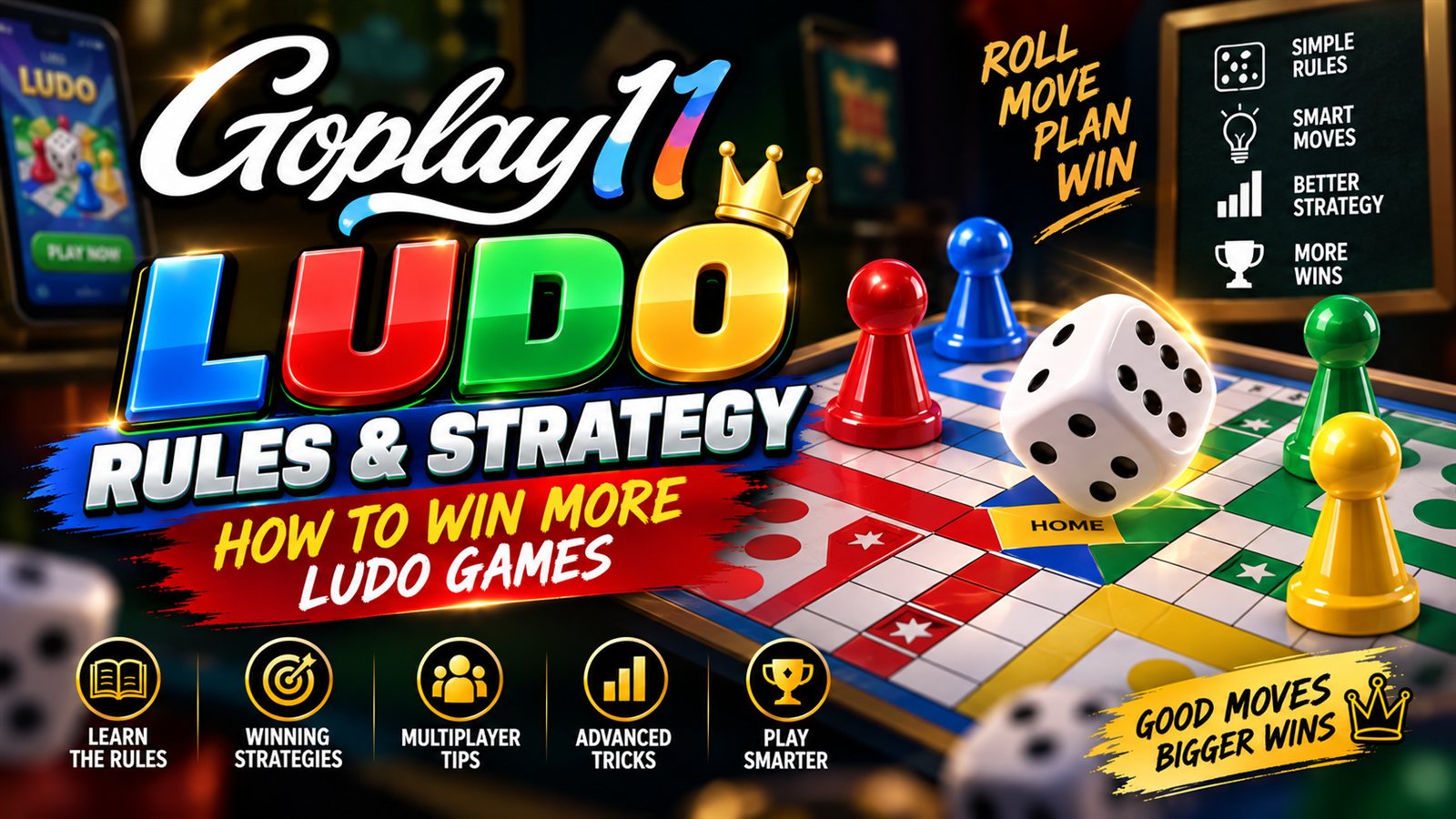 Ludo board with four colours of tokens and a die