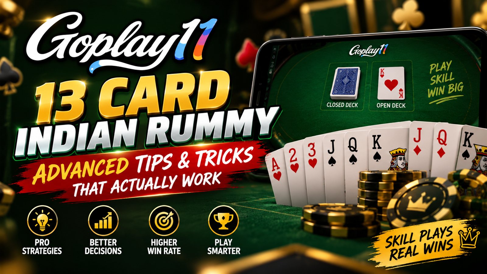 13 card Indian Rummy hand sorted into sequences and sets